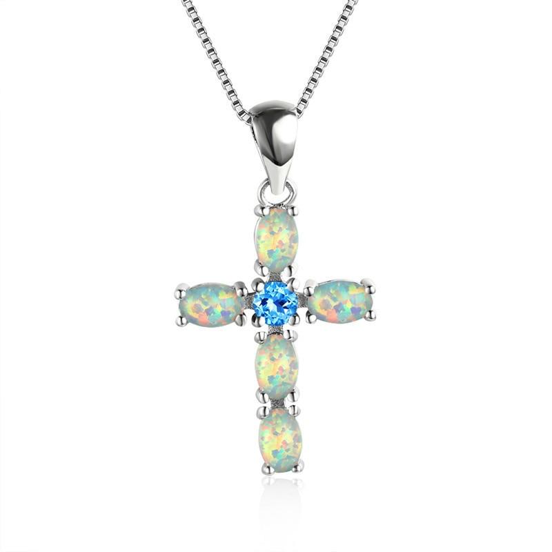 White Green Orange Opal Cross Pendant Birthstone Necklaces For Women Vintage Fashion 925 Silver Chain Red Blue Zircon Necklace