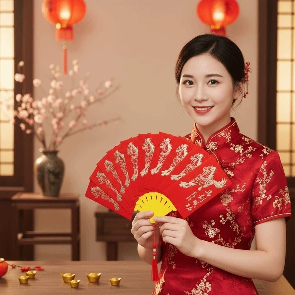 Traditional Fan Design Red Envelope 10 Cards Tassel Children's Money Bag Year of The Horse Blessing Spring Festival Red Wallet