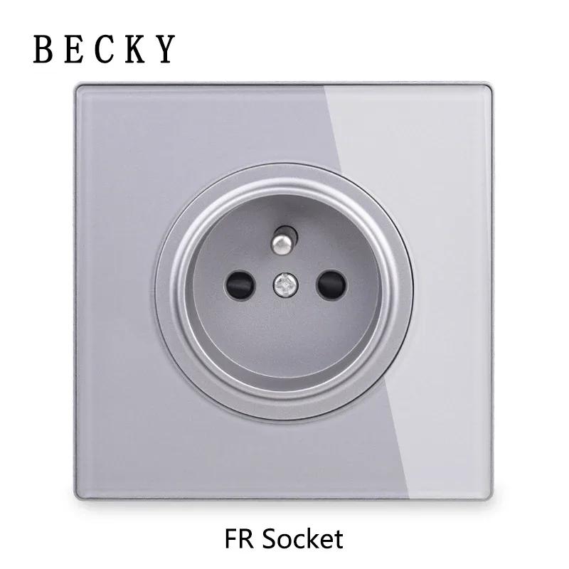 

86 Type Tempered Glass French FR 16a Wall Socket, Power Socket, Adjustable Grounding Socket Home Villa Office Decoration 110-250V&fr сірий
