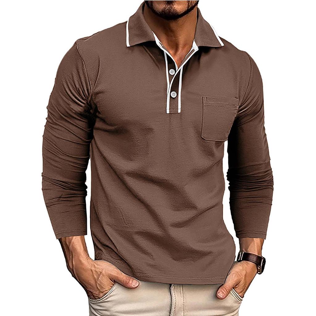 Men's Spring And Solid Color T-shirt Lapel 3 Button Open Placket Button Long Sleeved Top