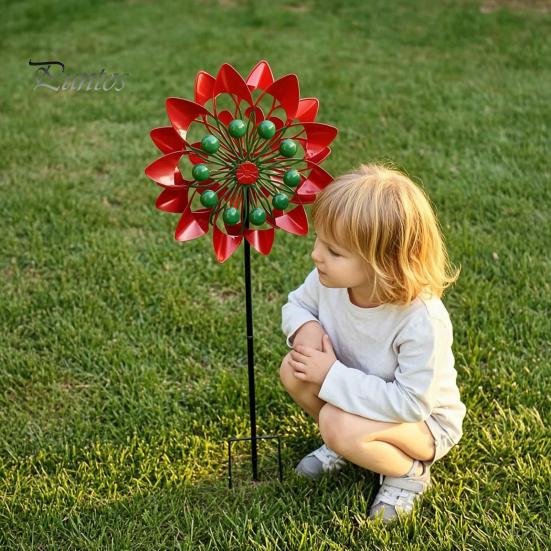 Decorative Backyard Garden Supplies Flower Wind Spinner, 29.5" Metal Spinner with Stake, Outdoor Rust Artistic Yard Decorations for Home Resistant