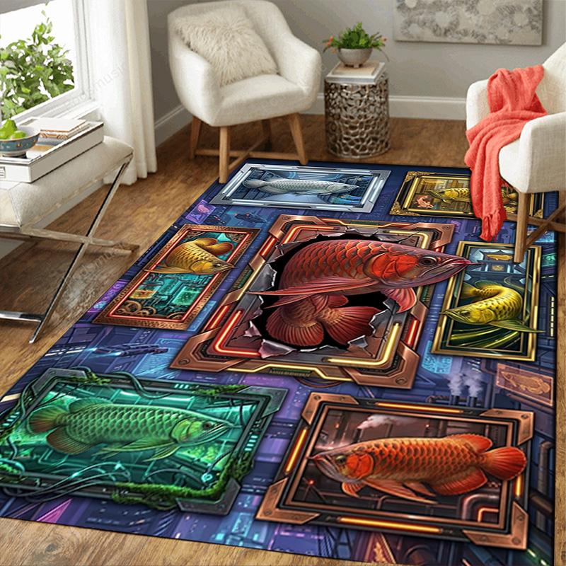 Futuristic Fish Frames Pattern Rug Floor Mat for Living Room or Bedroom Soft and Comfortable Carpet a Gift for Birthday and Holiday.