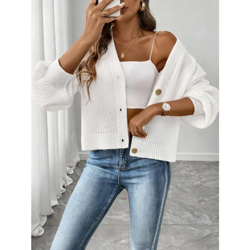 Women Simple Short V Neck Gold Button Long Sleeve Cardigan Sweater Coat