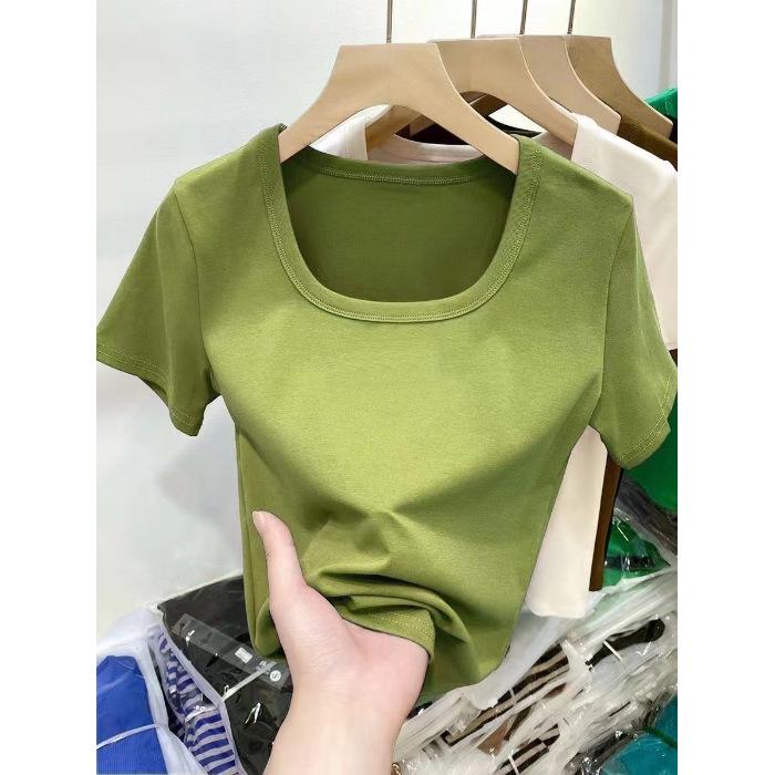 Women's Slim Fit Square Neck Short-Sleeve Tee - Summer Thin, Figure-Flattering, Pure Style, Plain Color Trendy Top
