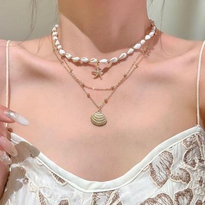 Multi-layer Shell Starfish Necklace Women's Niche Design Seaside Vacation Style Neck Chain Accessories