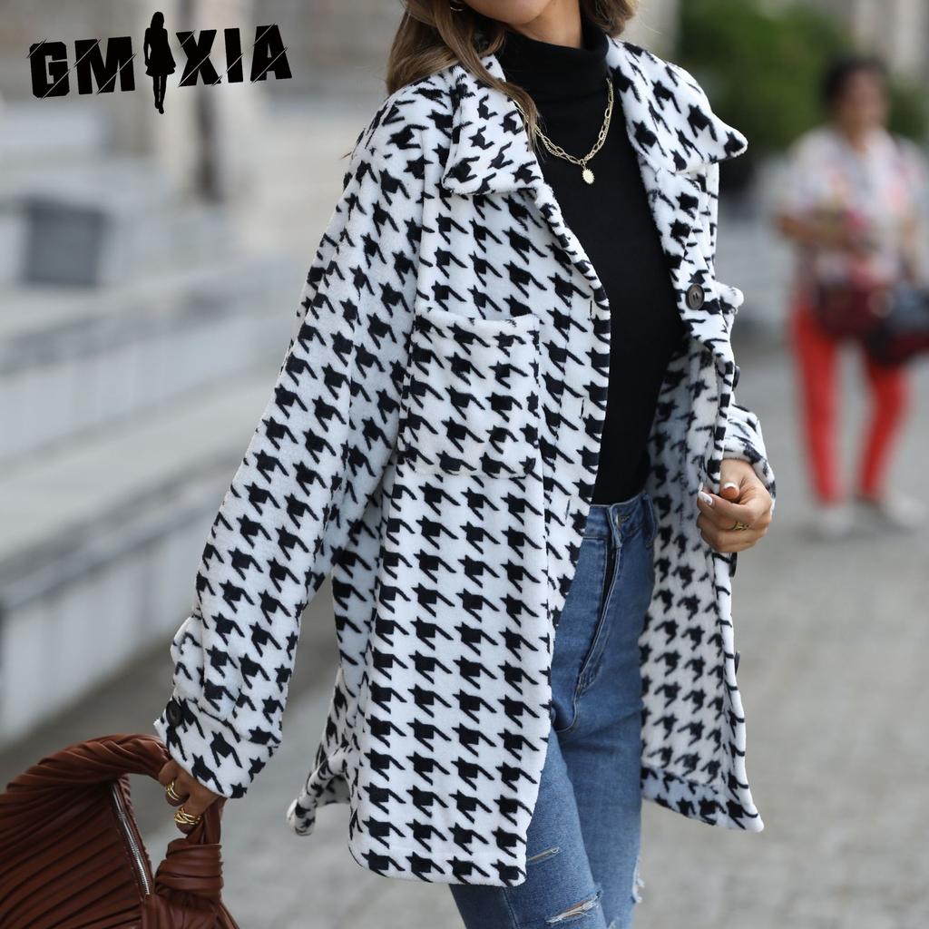 GMXIA Autumn Plush Women's Wear Loose Checkered Mid-length Flannel Suit Collar Jacket
