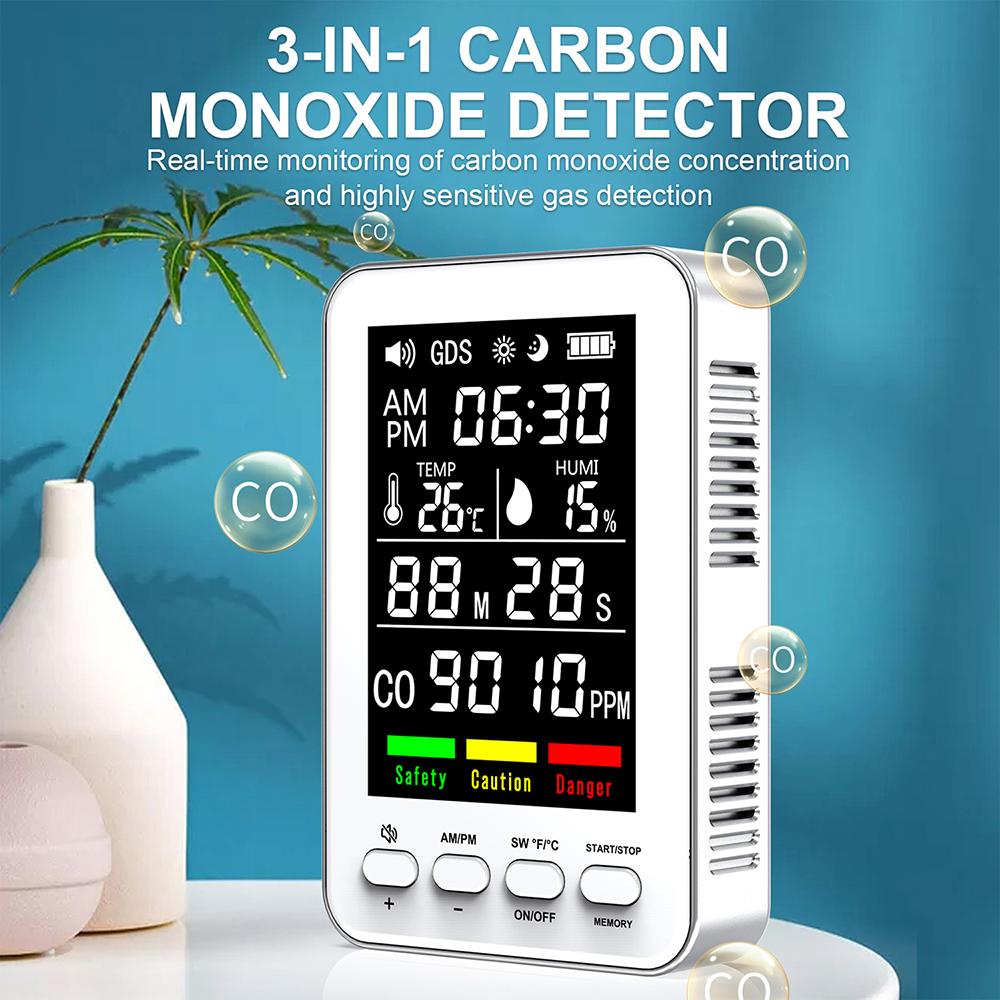 Professional 5 In 1 Portable Air Quality Detector Time Display CO Real Time Monitor Carbon Monoxide Alarm Temperature Humidity Sensors TypeC Charging