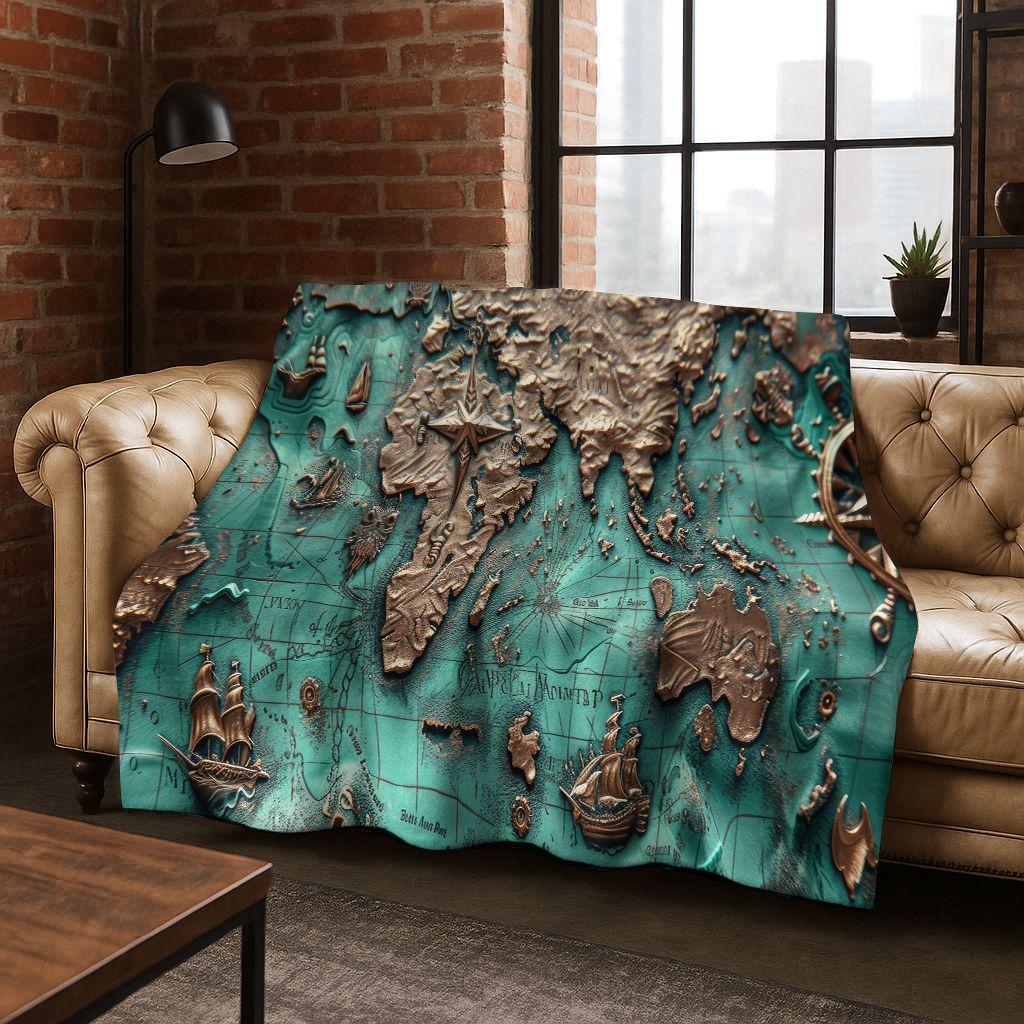 Retro Nautische Karte Kompass Schatzkarte Flanell Decke, Gemütliche Weiche Überwurfdecke für Zuhause Schlafzimmer Bett Sofa Abdeckung Geschenk Kinder