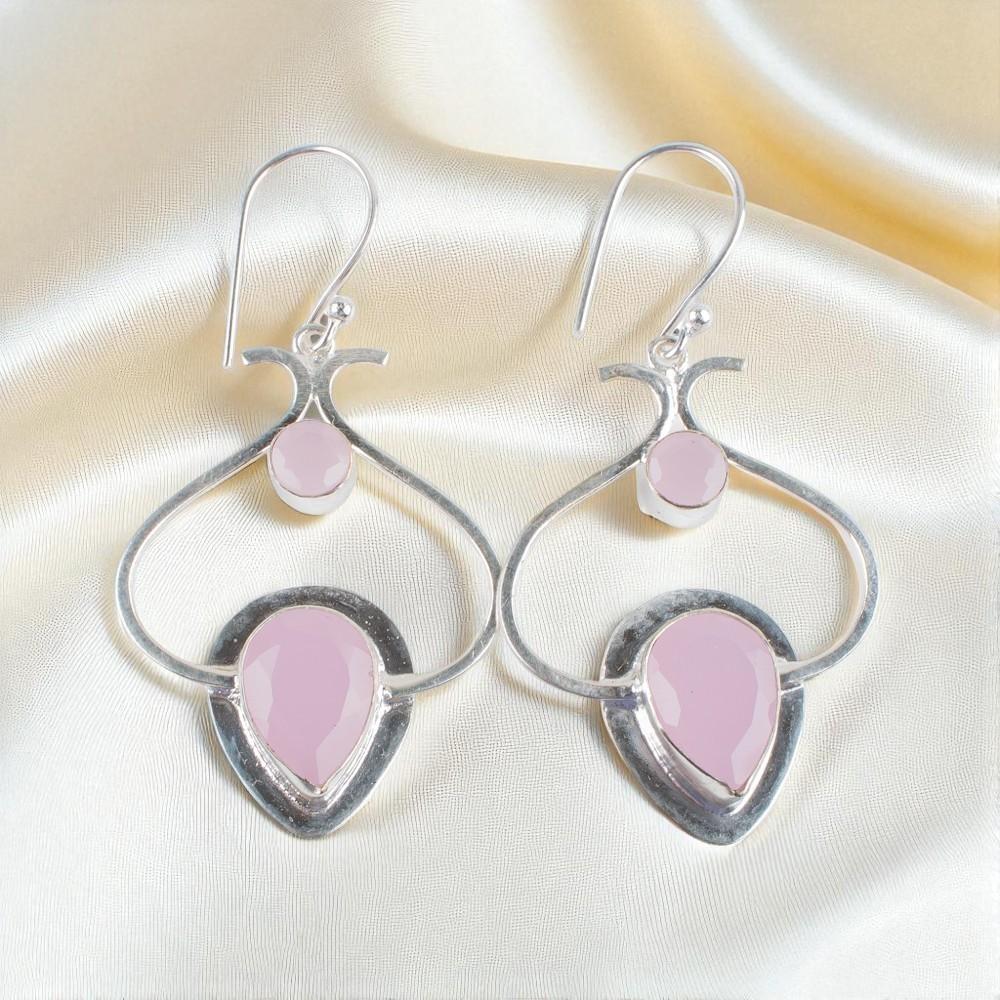 Rose Chalcedony Gemstone 925 Sterling Silver Jewelry Handcrafted Earrings 2.2" EE-80-15
