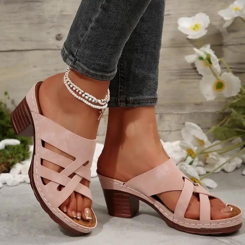 Fashion Classic Pink Comfortable Daily Shoes Elegant Round Toe Cross Tie Straps Slippers Women 2025 Summer High Heels Shoes Women