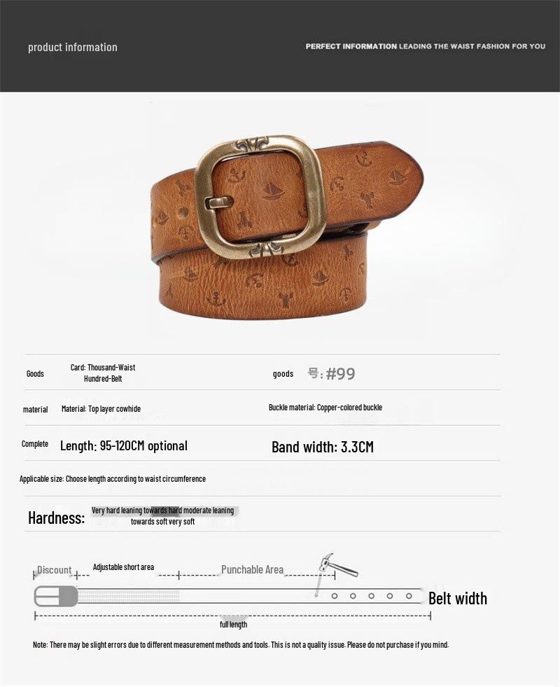 Unisex Handmade Retro Genuine Leather Belt with Solid Copper Pin Buckle