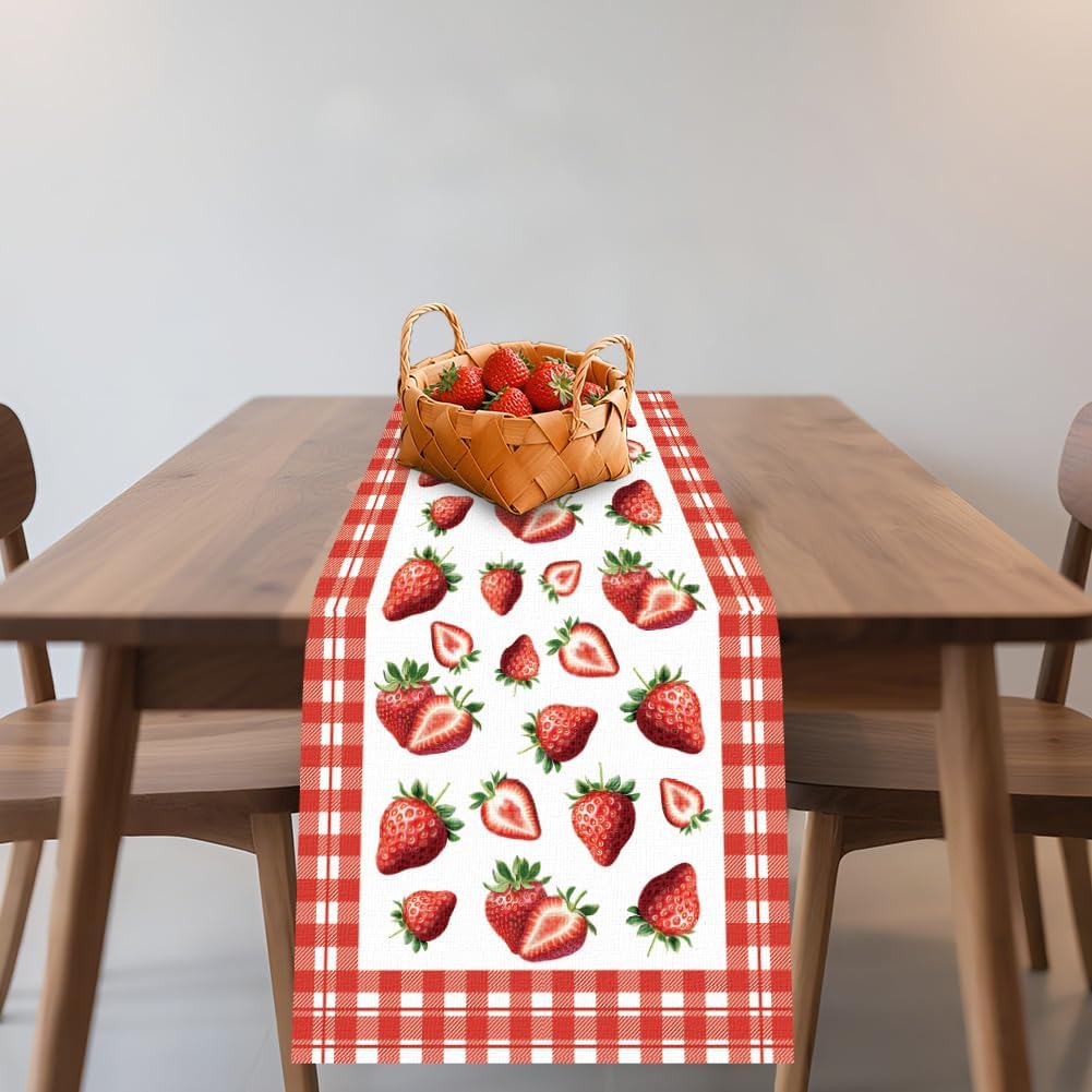 WADORN Strawberry Table Runner, 13x72 Inch Buffalo Plaid Check Fruit Kitchen Dining Table Decoration Spring Summer Seasonal Farmhouse Table Runners