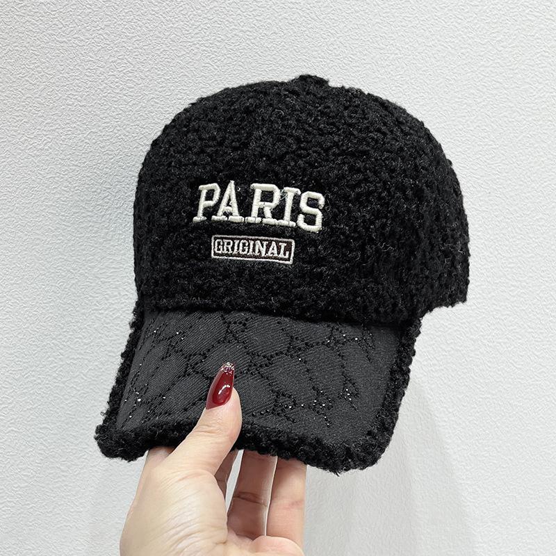 Fashion Embroidery Letter Baseball Cap Women's Winter Warm Rhinestone Lamb Feather Cap