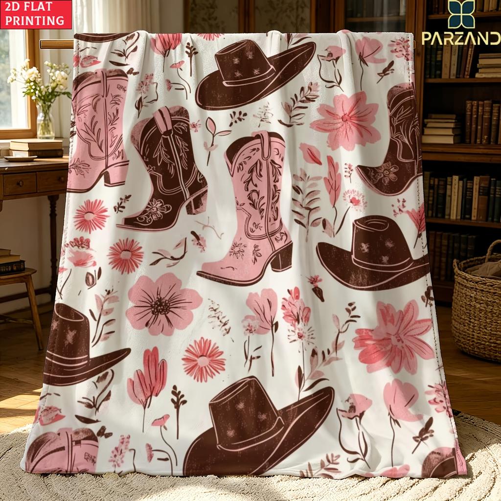 Pink Cowboy Boots Hat Floral Flannel Throw Blanket Western Country Wildflower Decor Sofa Blanket