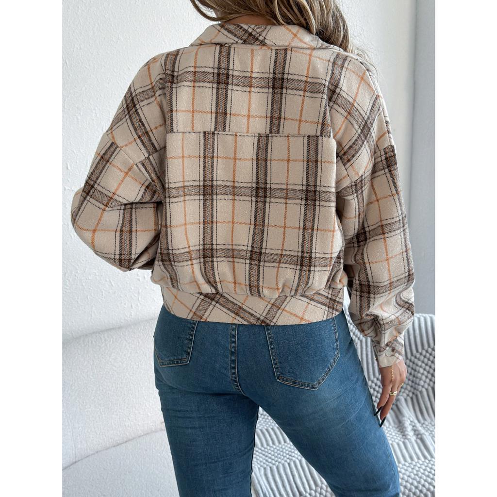 QICED Autumn and Winter Casual Checkered Fake Pocket Long-sleeved Woolen Jacket for Women's Wear