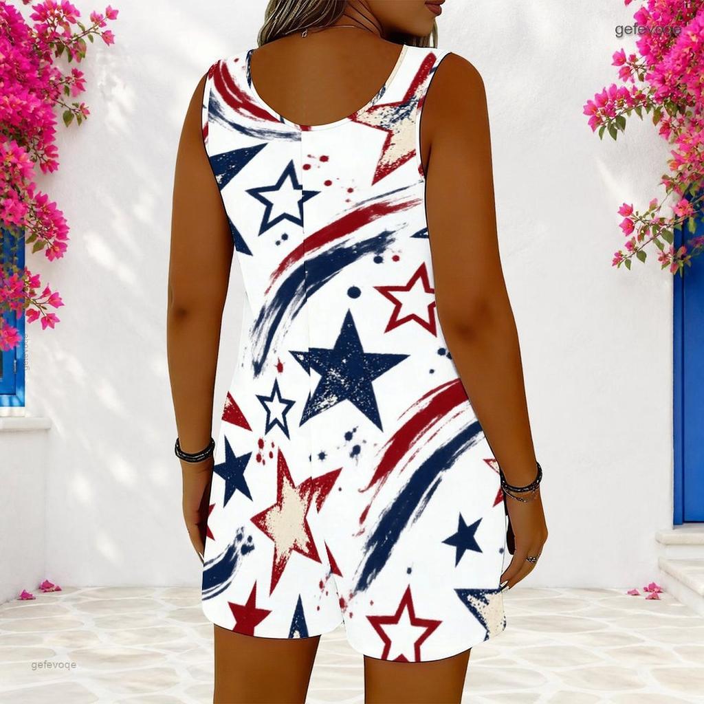Women Plus Size Red Blue White Star Printed Sleeveless Ring Strap Scoop Neck Loose Romper With Pockets