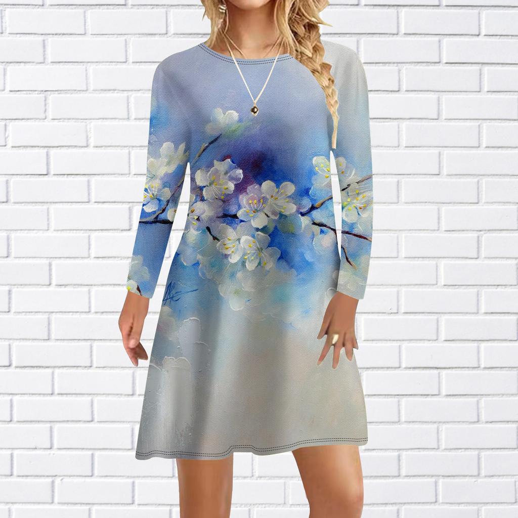 Damen Freizeitkleid Herbst Kristall Delfin Print Kleider für Damen O-Ausschnitt Kurzarmkleid Übergröße