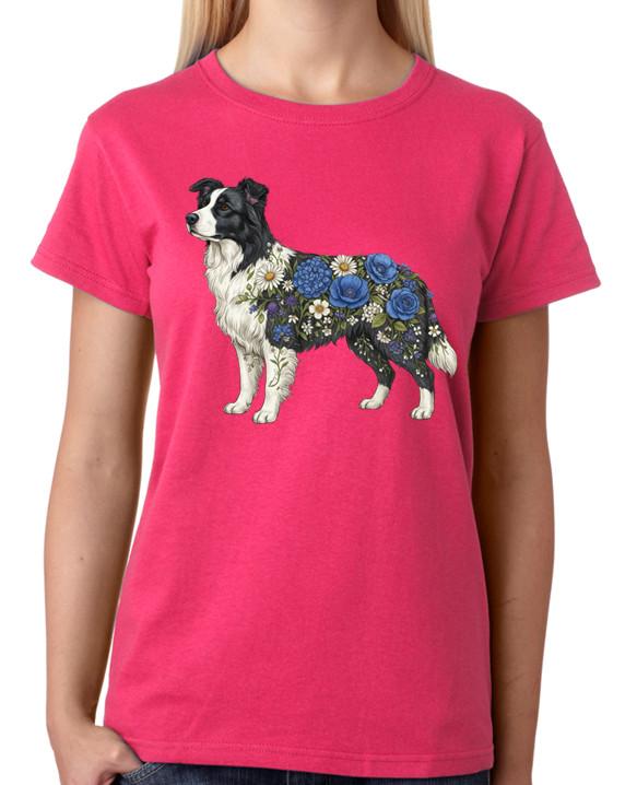 Floral Border Collie Art Ladies T-Shirt Dog Lover Nature Design Tee S