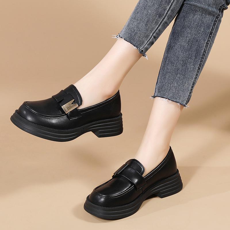 Retro Women Leather Shoes Low-cut Slip-on Loafers Waterproof Ladies Elegant Chunky Shoes for Walking Traveling Non-slip Soft Sole