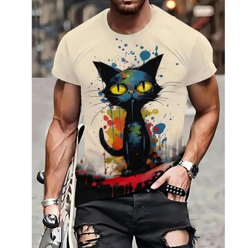 Summer Men's T Shirt Short Sleeve Animal Print Casual O-Neck Oversized Pullover Fashion Streetwear Male Clothing Cat T-Shirts