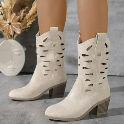 Fashion 2024 Women's Summer Retro Round Toe Chunky Heels Vegan Suede Western Boots with Hollow Design and Rivets Cowboy Boots Shoes