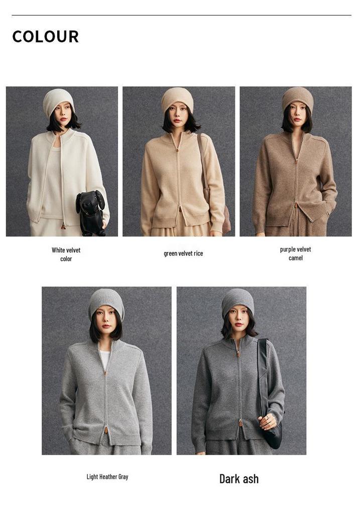 2025 Autumn/Winter Women's Cashmere Half-High Collar Cardigan with Double Zipper Pockets