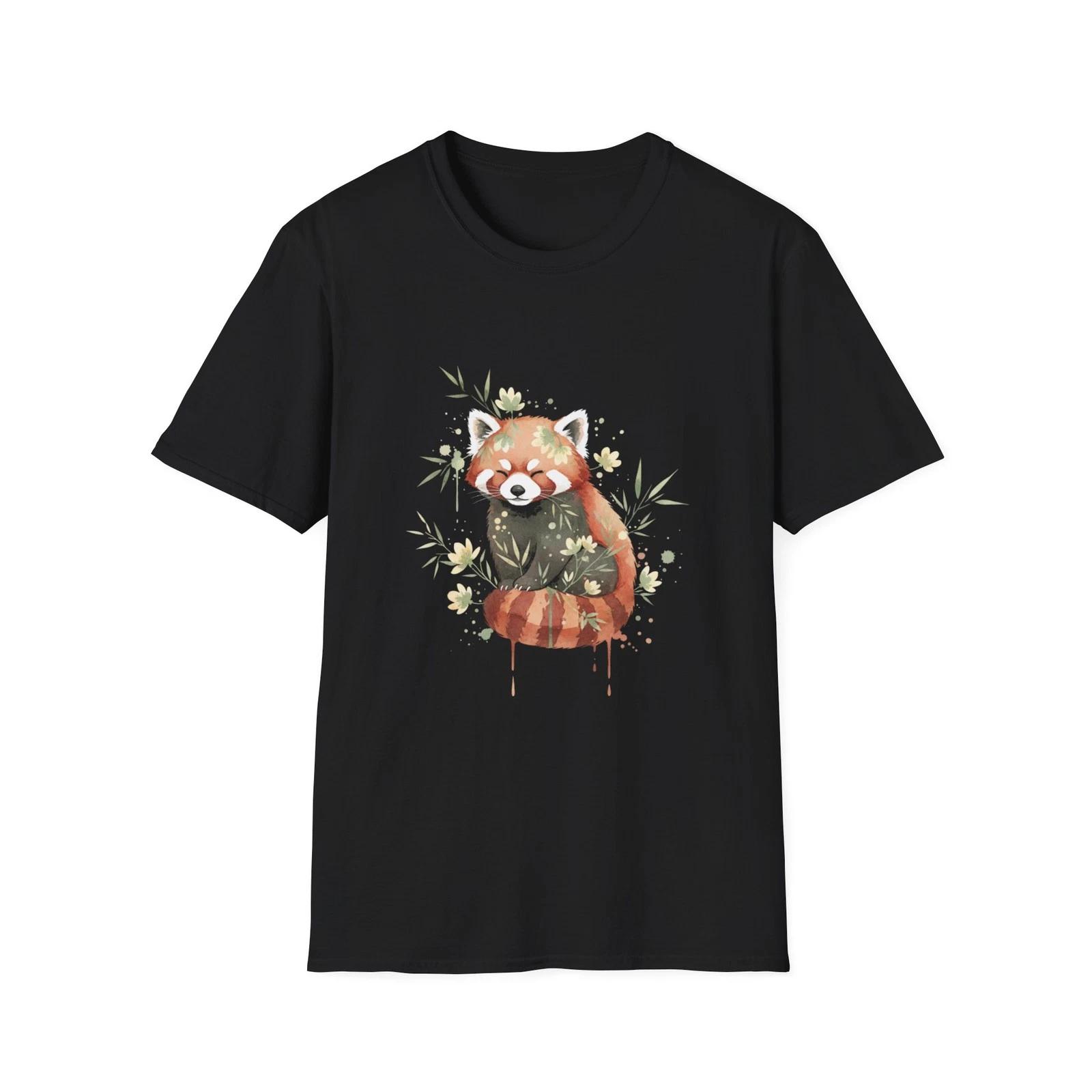 Red Panda Floral Watercolor Cute Nature Black Tee Aesthetic T-Shirt 4XL