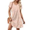 Women's Petal Short Sleeve V Neck Loose Floral Print Swing Sundress With Pockets