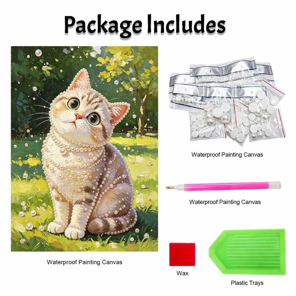 Cute Cat Pearl Pattern 5D Pearl Painting Kit with Frame DIY Sparkling Bead Canvas Art Relaxing Craft for Girls Room Decor Handmade Wall Gift
