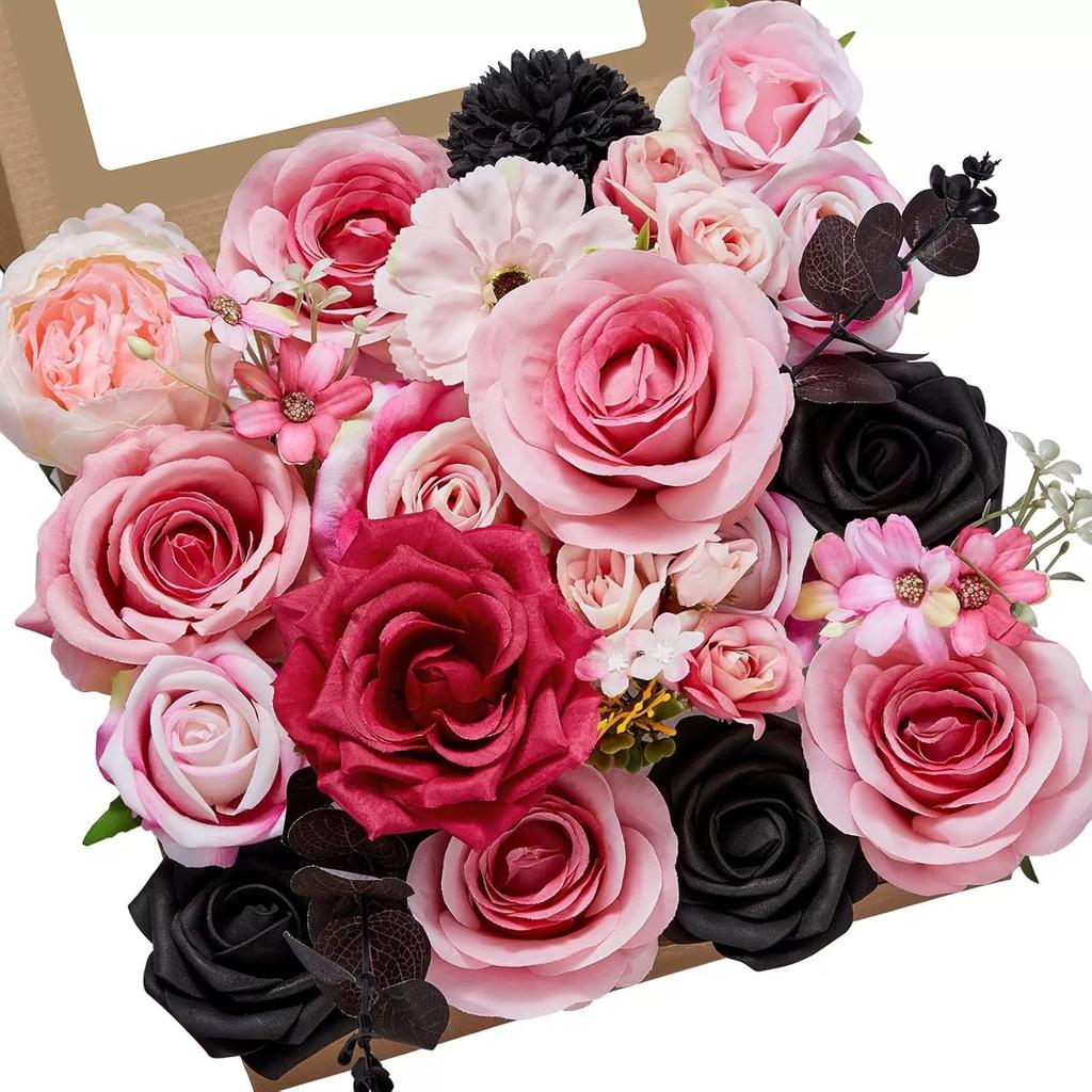 Artificial Flower Combination Box Set, Pink Silk Artificial Rose Bride Bouquet for Outgoing/Indoor DIY Center Piece Flowers for