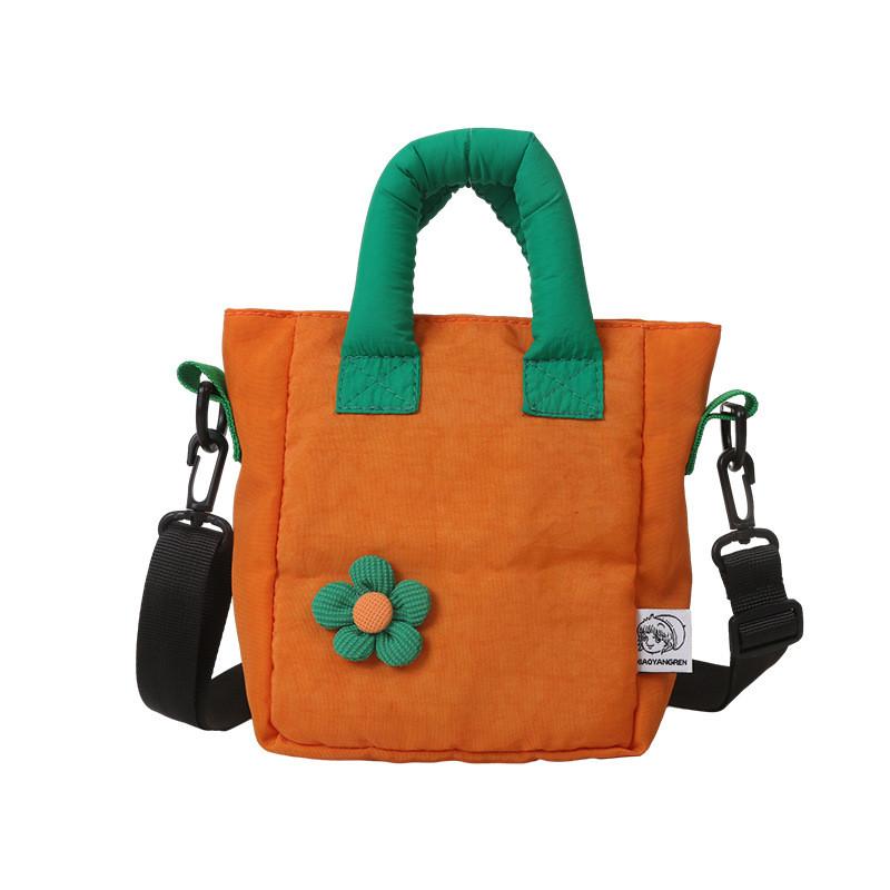 Charming Nylon Floral Rabbit Handbag For Kids Trendy Checkered Shoulder Bag Orange