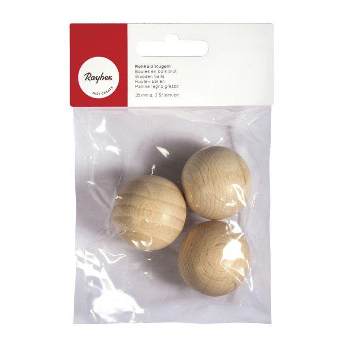 Boules en bois brut, non percées,35mm, 3 pces