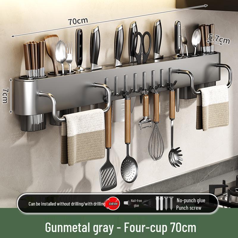 Space-Saving Wall-Mounted Kitchen Organizer: No-Drill Knife, Utensil & Chopstick Storage Rack