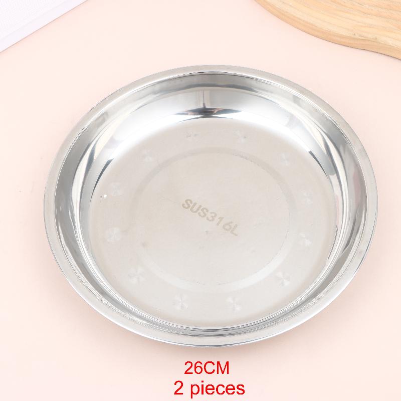 2Pcs Reusable Stainless Steel Dinner Plates Thickened Polished Round Shallow Dishes for Picnic Barbecue Use