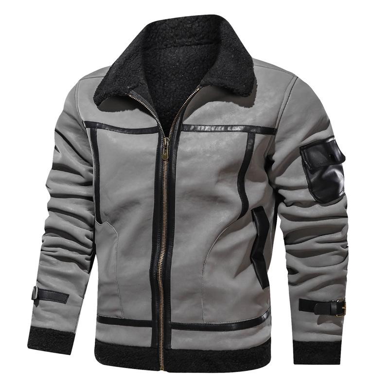 European and American Style Lapel-neck Fleece Leather Jacket, Men's Fur Integrated Large-size Leather Jacket