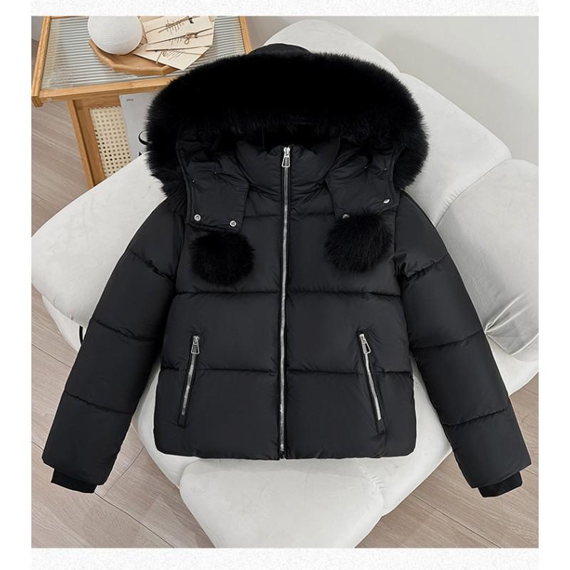 Womens Short Puffer Coat With Faux Fur Collar Hooded Winter Jacket Thick Warm Cotton Fill Korean Style