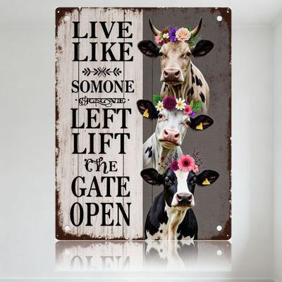Rustic Farmhouse Metal Tin Sign 'LIVE LIKE SOMEONE LEFT THE GATE OPEN' with Flower Crown Cows Holstein Cow Sign Decor for Home O