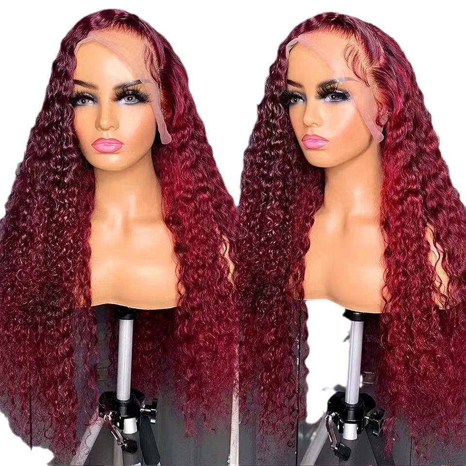 Front lace lace wig, European and American ladies small curly lace long curly hair burgundy wig small lace wig headgear