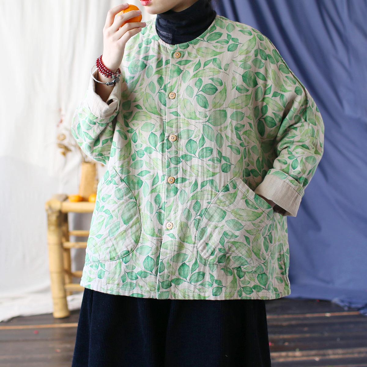 

Johnature Women Vintage Bat Sleeve Jackets Green Floral Spring Coats Button Pockets Long Sleeve O-Neck Jackets One Size