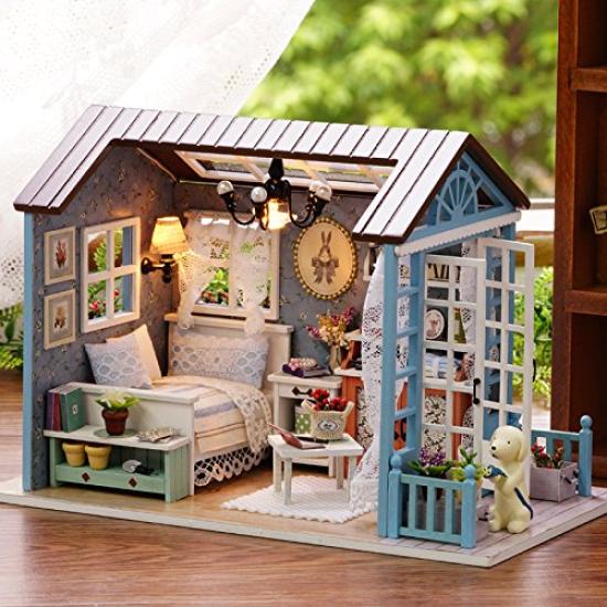 Dollhouse making kit, DIY kit, craft set, blue room, miniature, dog, flowers, bed.