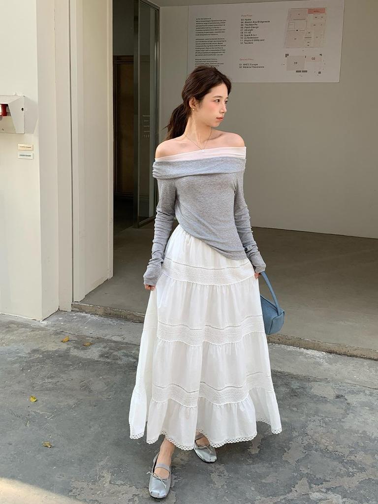 Women's High-Waisted White Cotton A-Line Skirt, Spring 2026 Korean Style, Casual Versatile Tiered Design