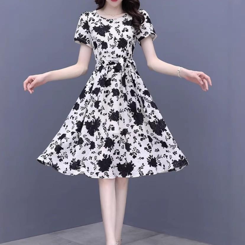 Summer elegant peach heart collar printed strap dress women's high waist middle-aged mother outfit temperament A-shaped medium skirt