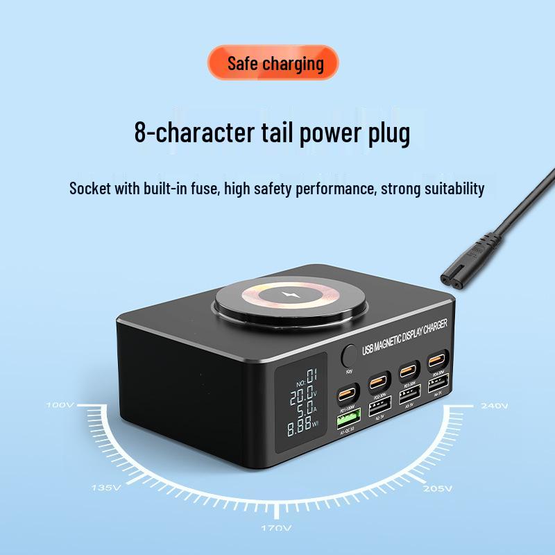 140W Multi-Port Desktop Charger with PD100W Fast Charging, Digital Display & Magnetic Wireless Charging for Phones and Laptops.