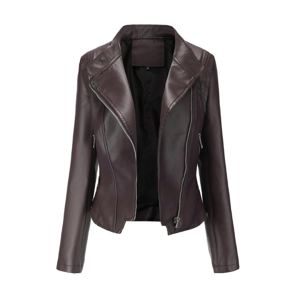 Nouvelle Veste en Cuir Courte Ajustée pour Femme avec Col en Cuir PU, Vêtement d'Extérieur Fin à Manches Longues Printemps Automne