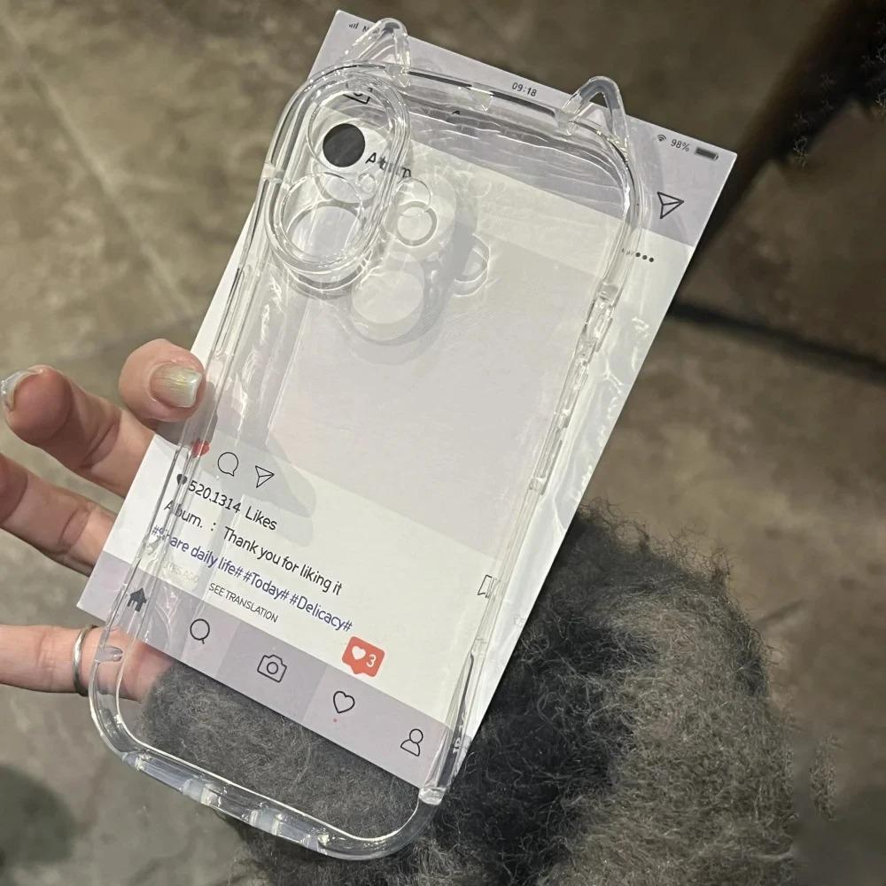 Lyxigt 3D kattöron sött genomskinligt skal till iPhone 14 15 16 Pro Max Plus 11 12 13 X Xr Xs 7 8 SE 2 genomskinligt stötsäkert mjukt skal