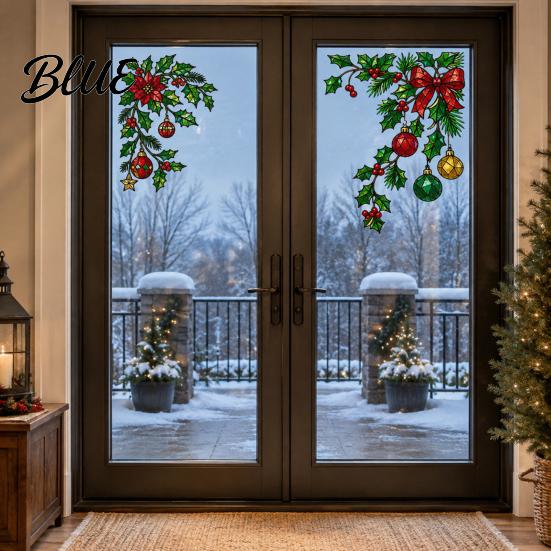 Translucent Glass Decoration 2Pcs Christmas Static Window Clings Corner Wreath No‑Glue Decals with Holly Festive Home Decor Xmas Balls Bow