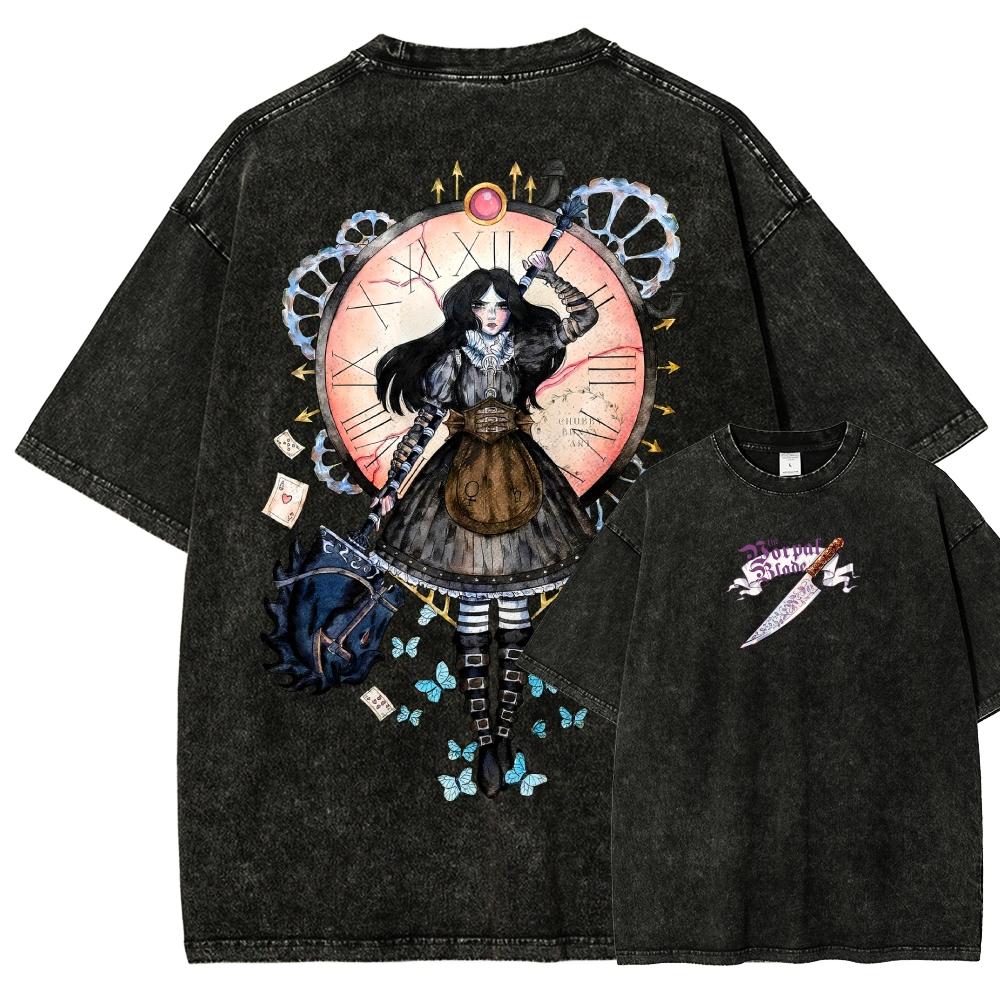 Alice Madness Returns Vintage Washed Graphic Print T Shirt Unisex Crew Neck Short Sleeve Cotton Casual Streetwear Fashion Tees Tops for Men Women