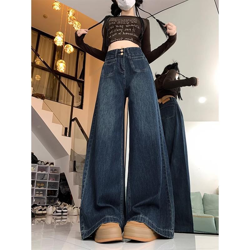 Jeans Women, Autumn and Winter New Velvet High-waisted and Thin Straight Mopping Loose Wide-leg Pants