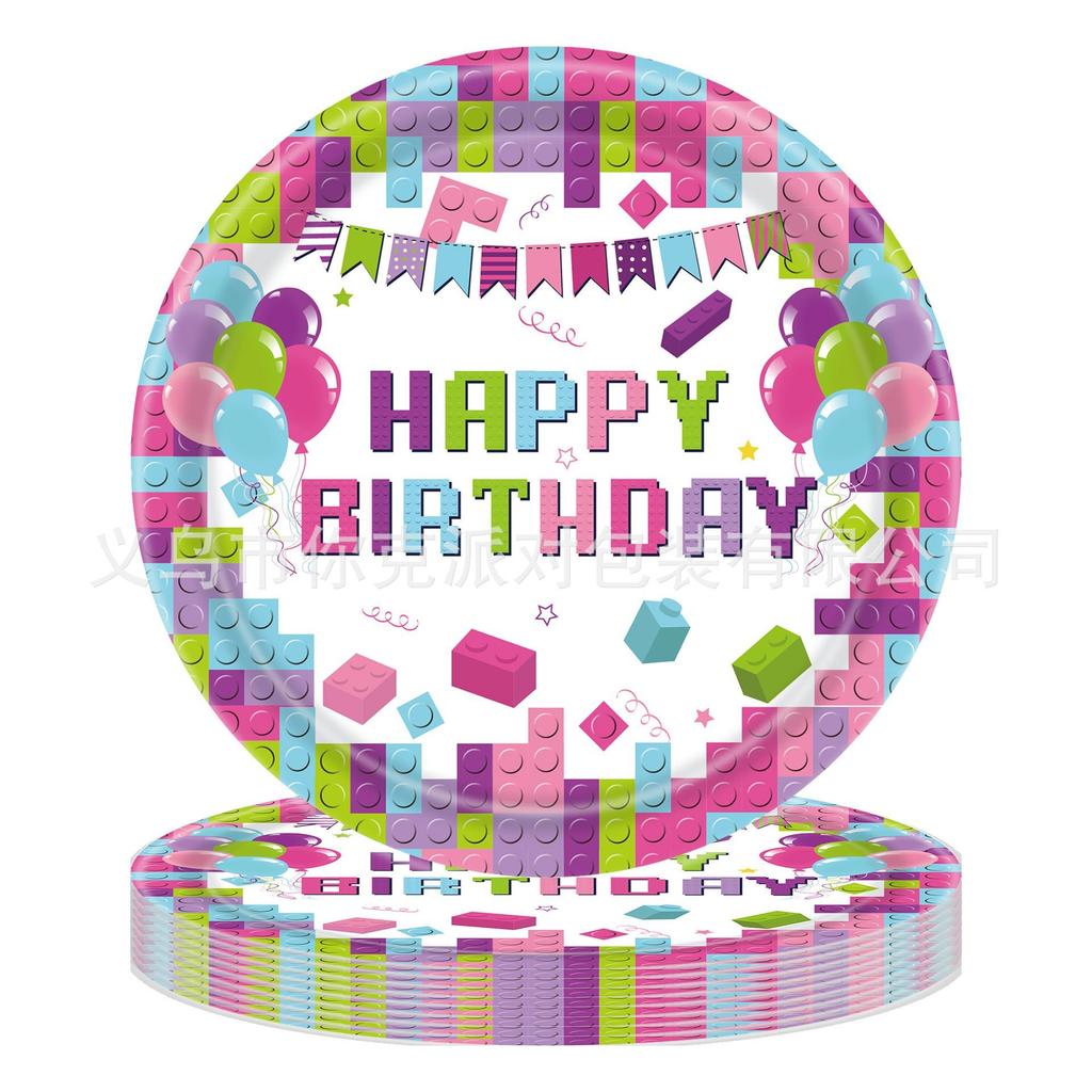 Colorful Building Block-themed Decoration Party Disposable Tableware Set, Children's Birthday Party Scene Decoration Supplies