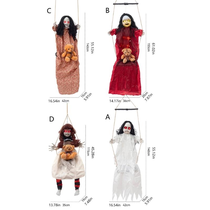 Halloween Hängende Mädchenfigur mit beleuchtetem Gesichtsdetail, Seilschaukel-Dekoration für Veranda-Eingang, Partybereich, Gartenakzent